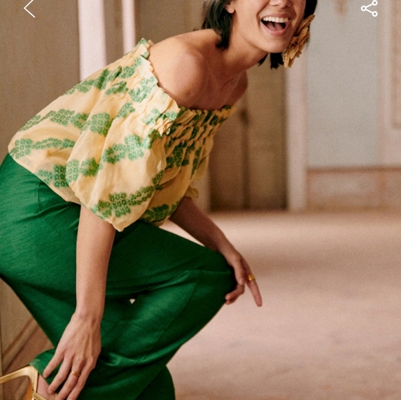 Sezane Macie Off-Shoulder Blouse in Yellow and Green - Picture 2 of 5